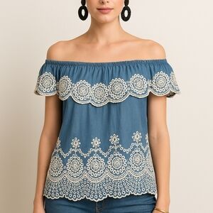 Fever Blue Off-Shoulder Top with Cream‎ Lace